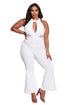 Sexy White Plus Size Cut Out Mesh Trim Flared Jumpsuit